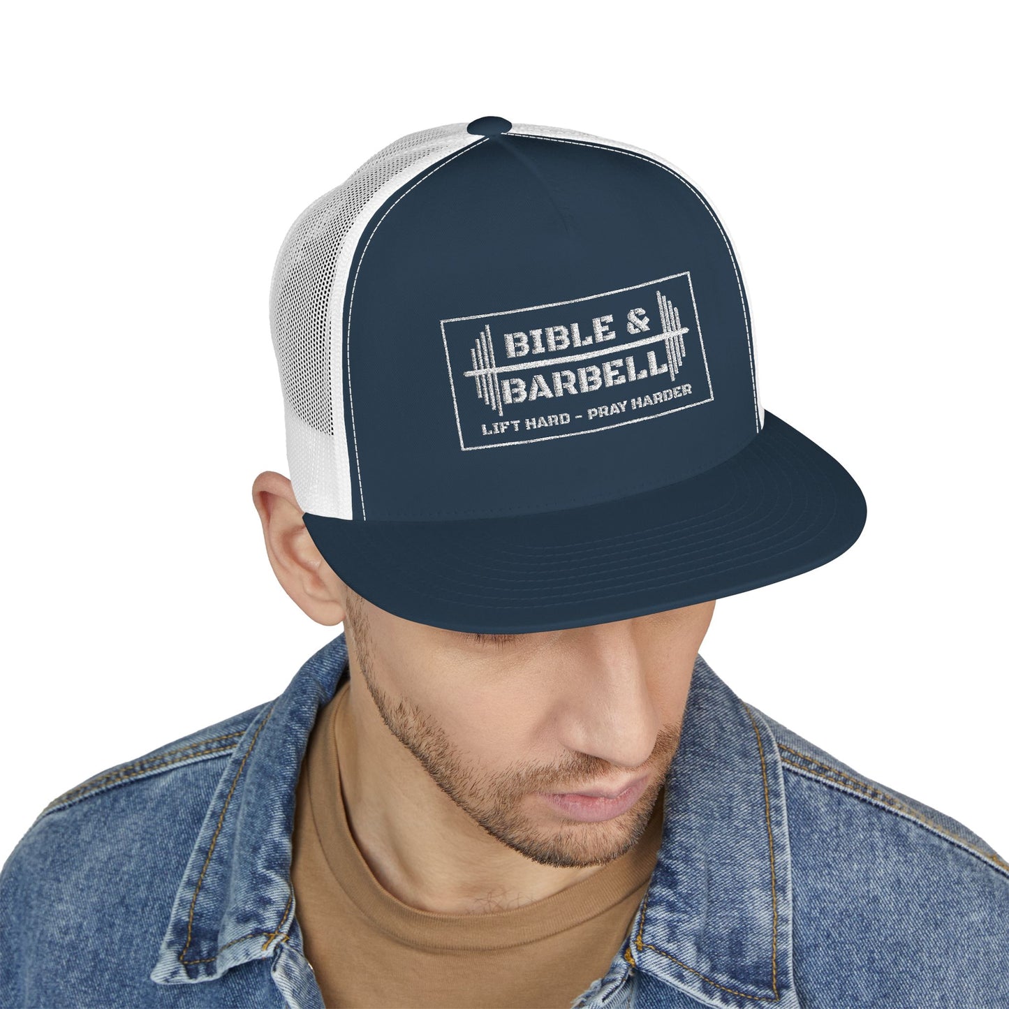 Bible & Barbell White Boxed Logo 5 Panel Trucker Cap