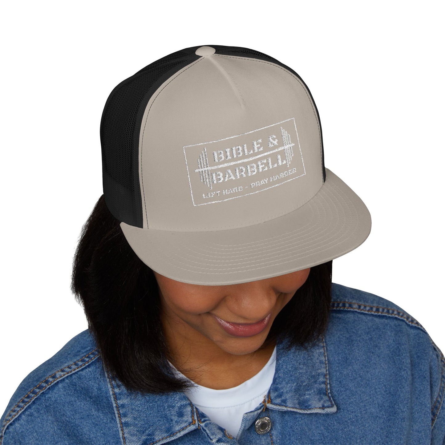 Bible & Barbell White Boxed Logo 5 Panel Trucker Cap