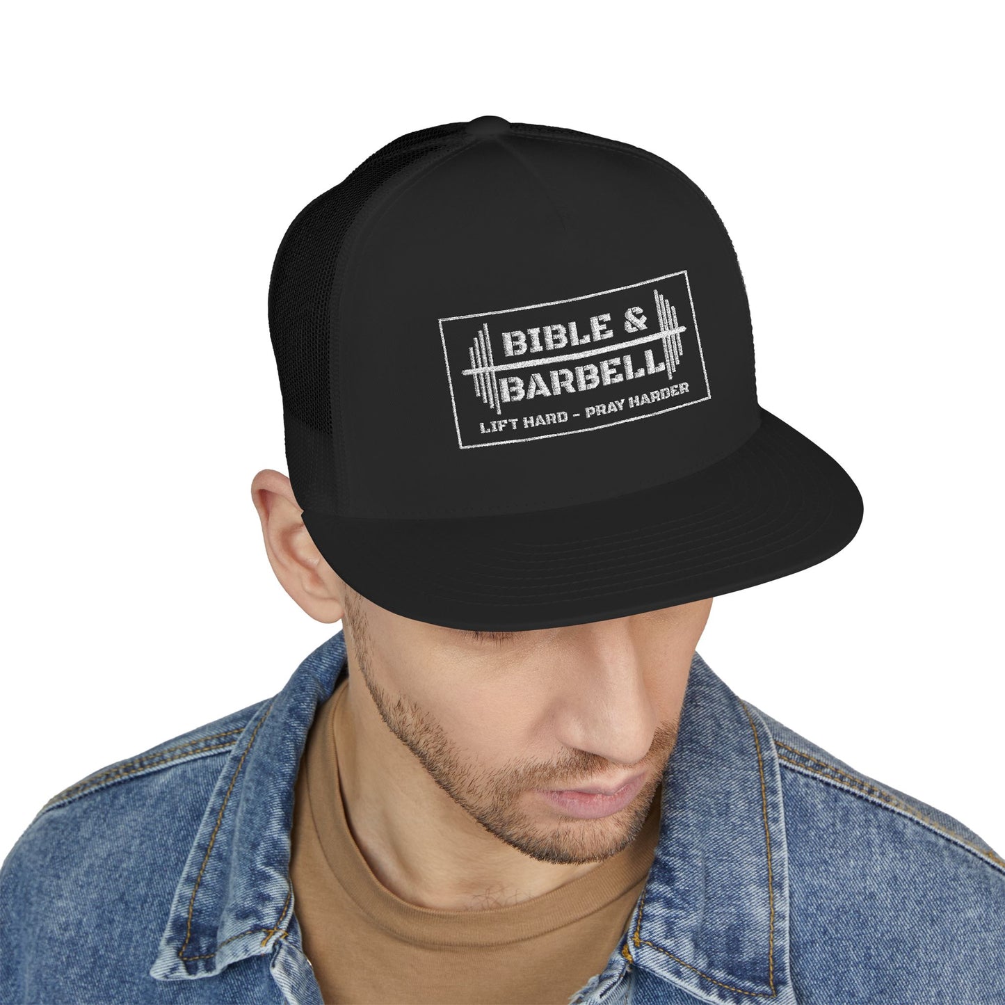 Bible & Barbell White Boxed Logo 5 Panel Trucker Cap