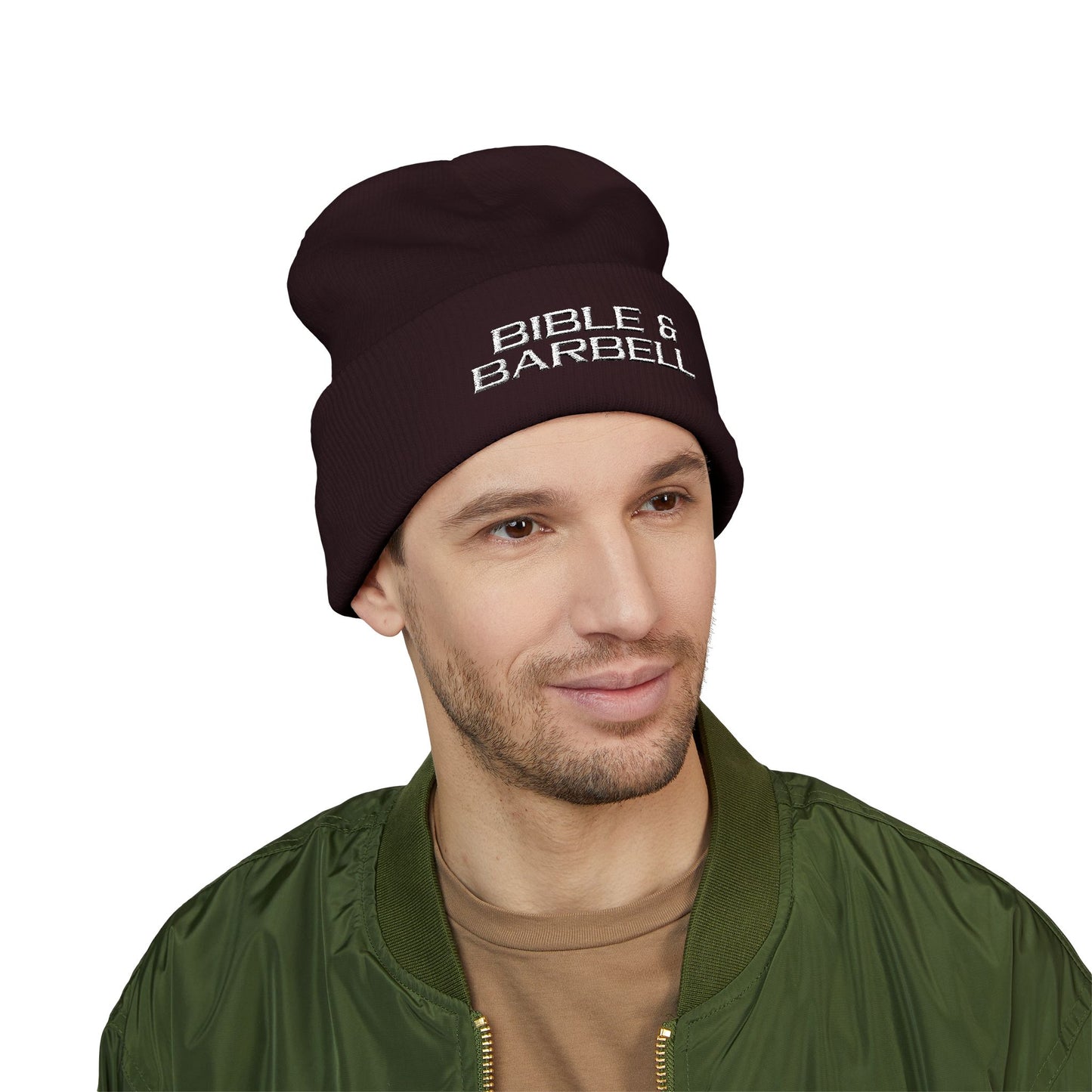 Bible & Barbell Embroidered Beanie — Faith & Fitness Cuffed Knit Hat
