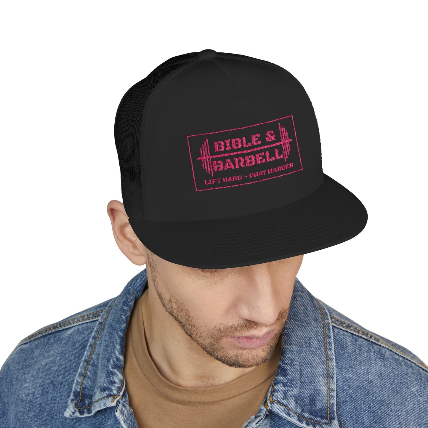 Bible & Barbell Pink Boxed Logo 5 Panel Trucker Cap