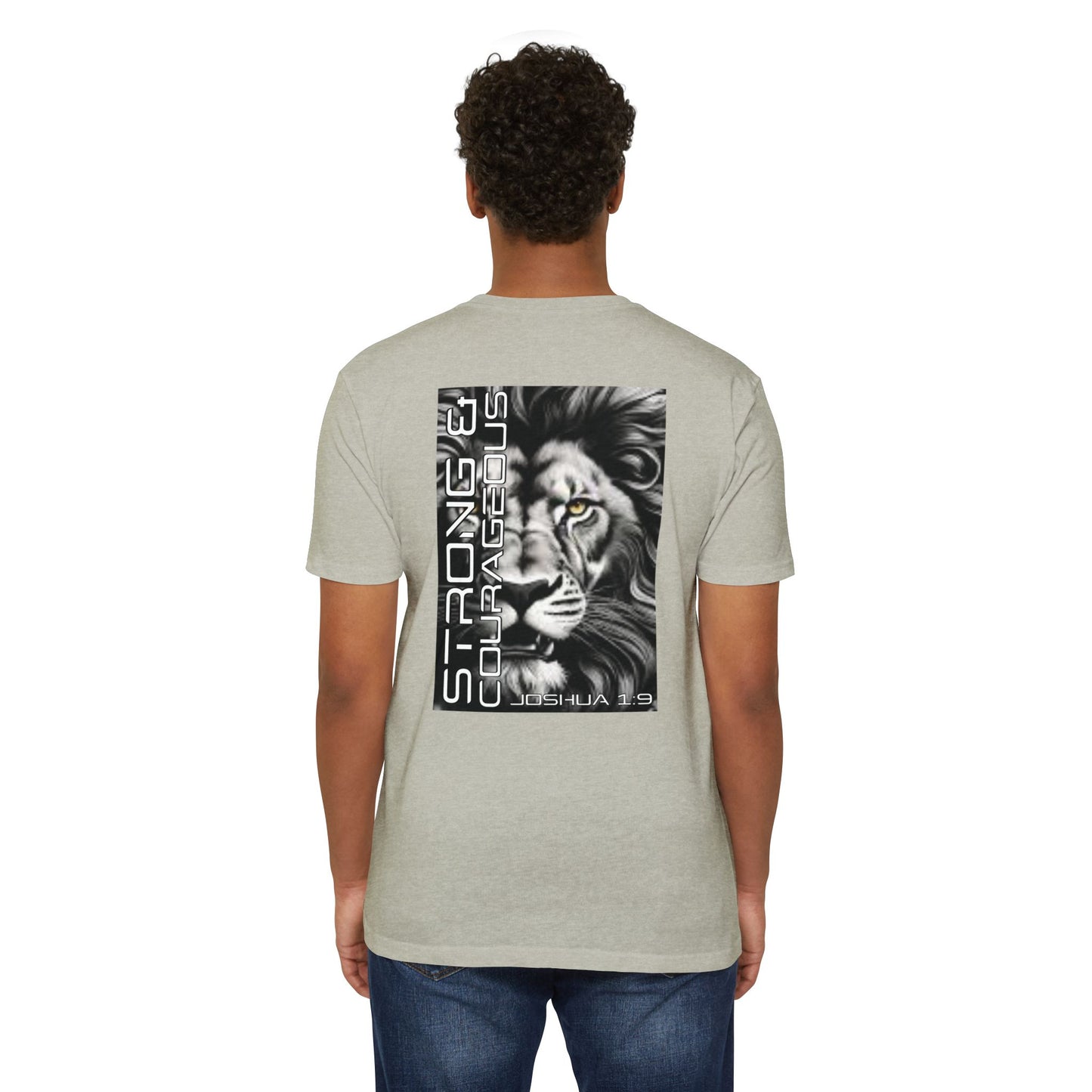 Strong & Courageous Lion Graphic T-Shirt, Joshua 1:9 Motivational Tee, Unisex Shirt, Strength Apparel, Gift for Him, Faith-Based Clothing