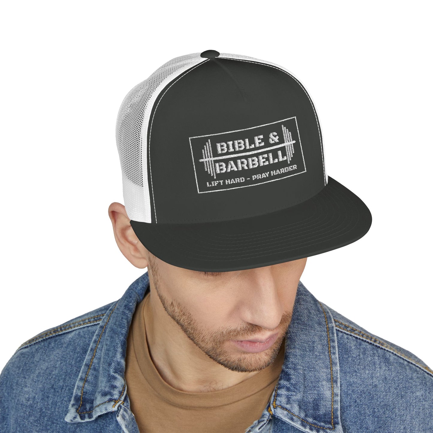 Bible & Barbell White Boxed Logo 5 Panel Trucker Cap