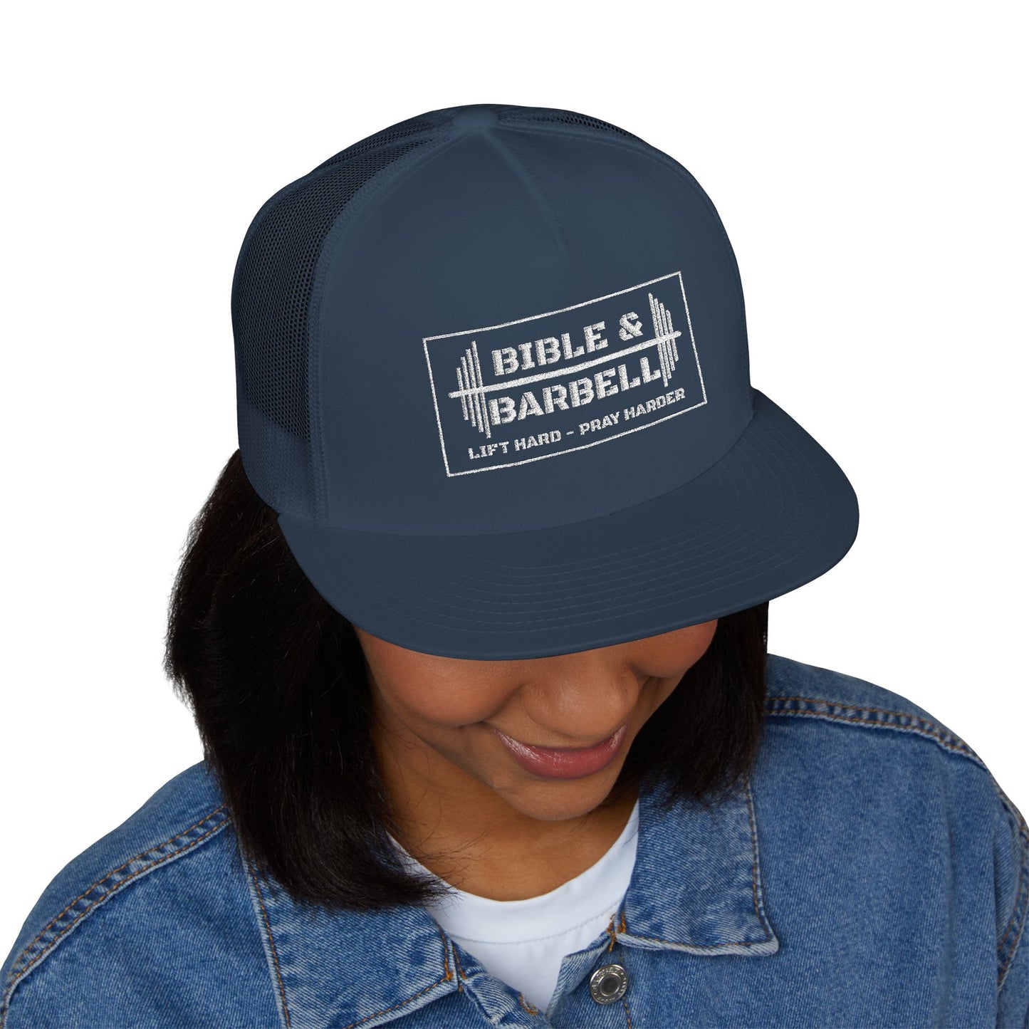 Bible & Barbell White Boxed Logo 5 Panel Trucker Cap