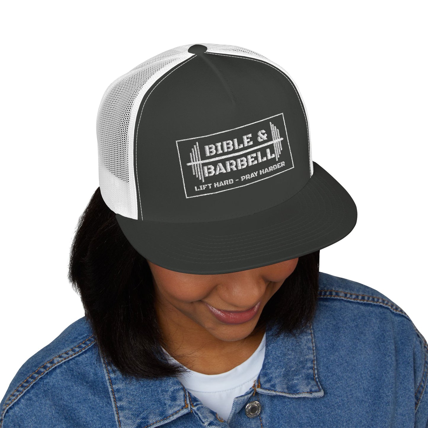 Bible & Barbell White Boxed Logo 5 Panel Trucker Cap
