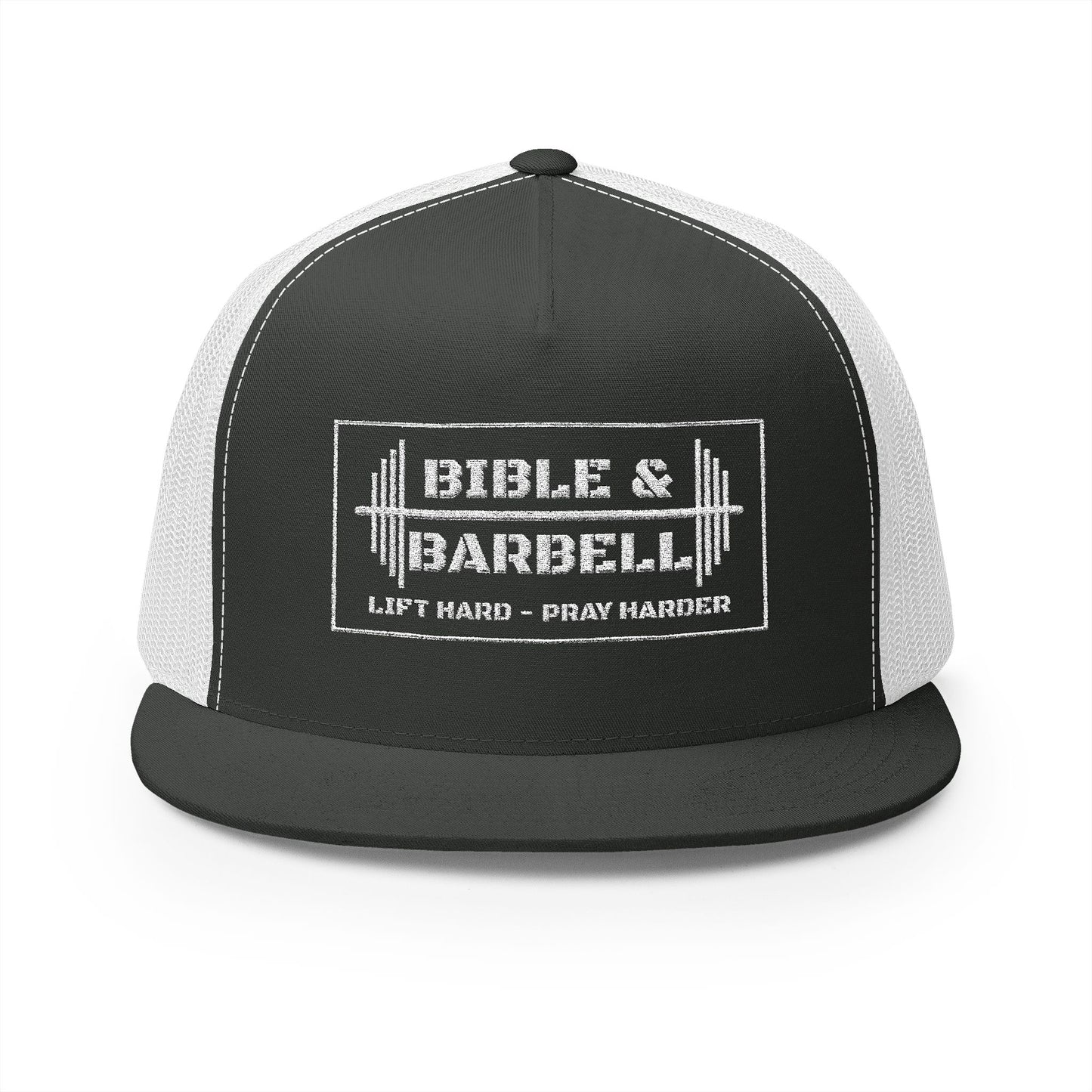 Bible & Barbell White Boxed Logo 5 Panel Trucker Cap