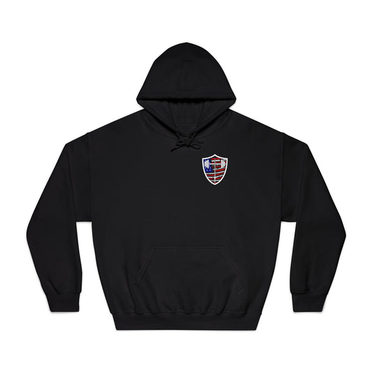 Faith Fitness & Freedom Hooded Sweatshirt — American Shield Flame Graphic