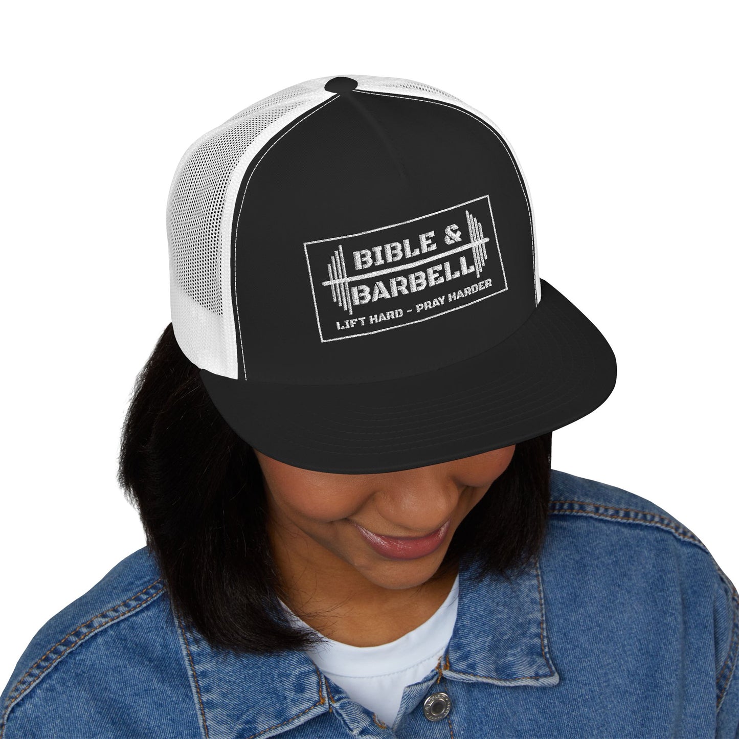 Bible & Barbell White Boxed Logo 5 Panel Trucker Cap