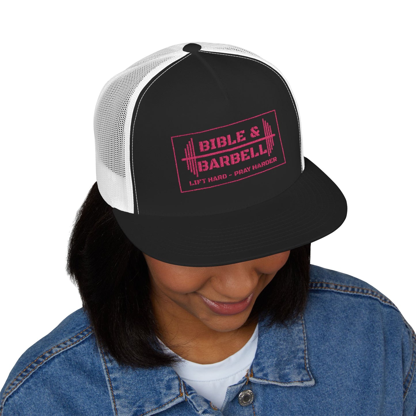 Bible & Barbell Pink Boxed Logo 5 Panel Trucker Cap