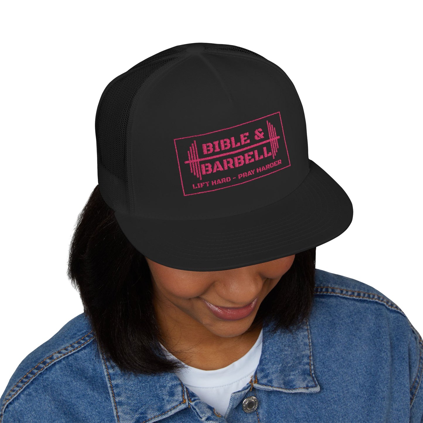 Bible & Barbell Pink Boxed Logo 5 Panel Trucker Cap