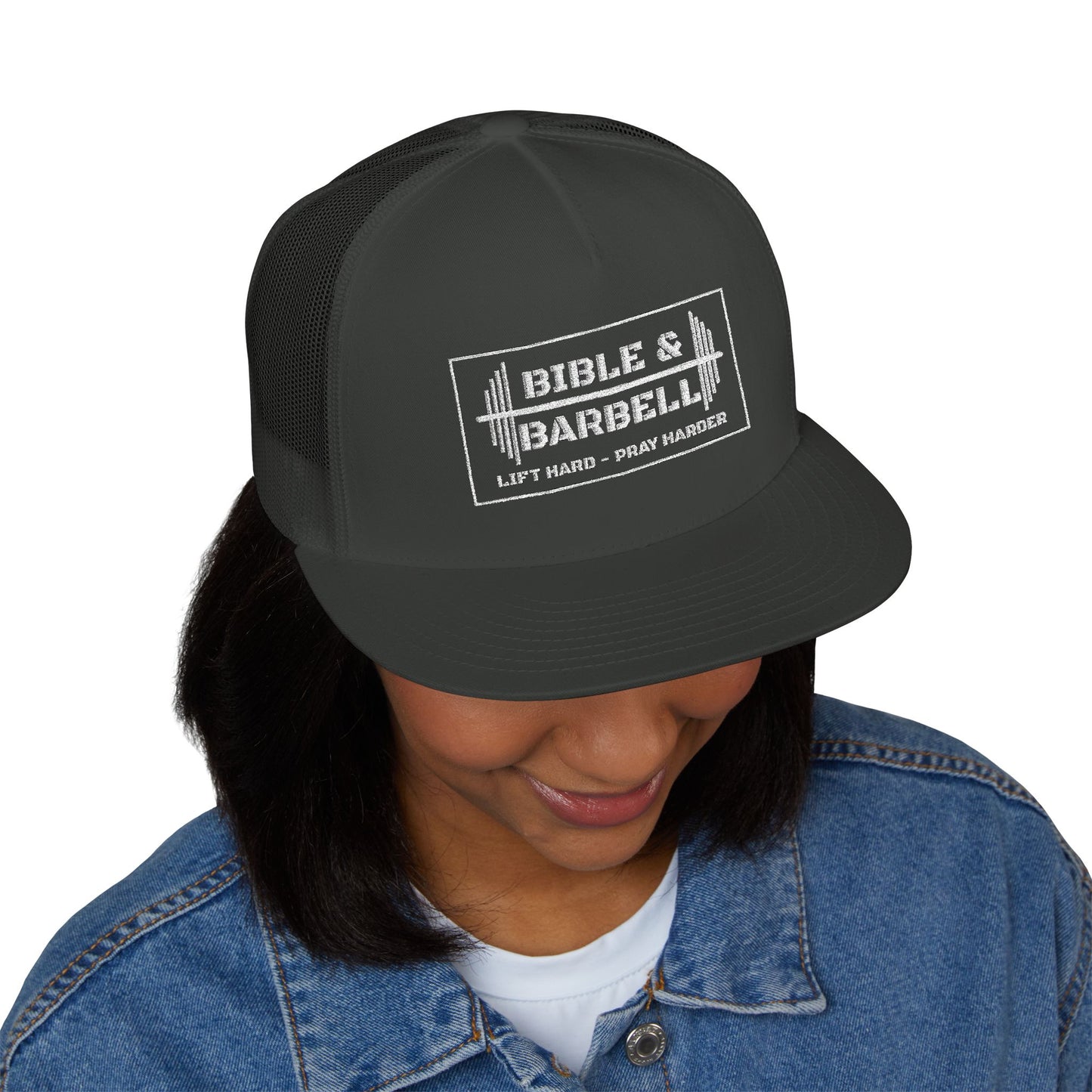 Bible & Barbell White Boxed Logo 5 Panel Trucker Cap