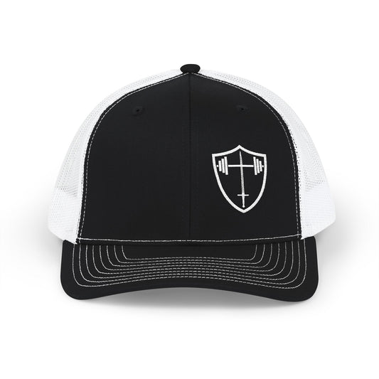 Bible & Barbell Shield & Cross Logo Trucker Cap — Christian Faith Snapback Hat