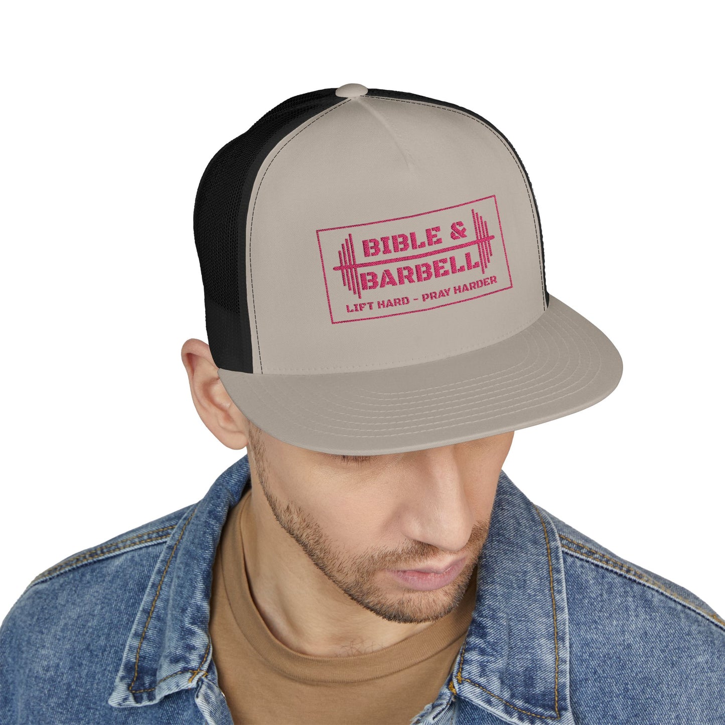 Bible & Barbell Pink Boxed Logo 5 Panel Trucker Cap