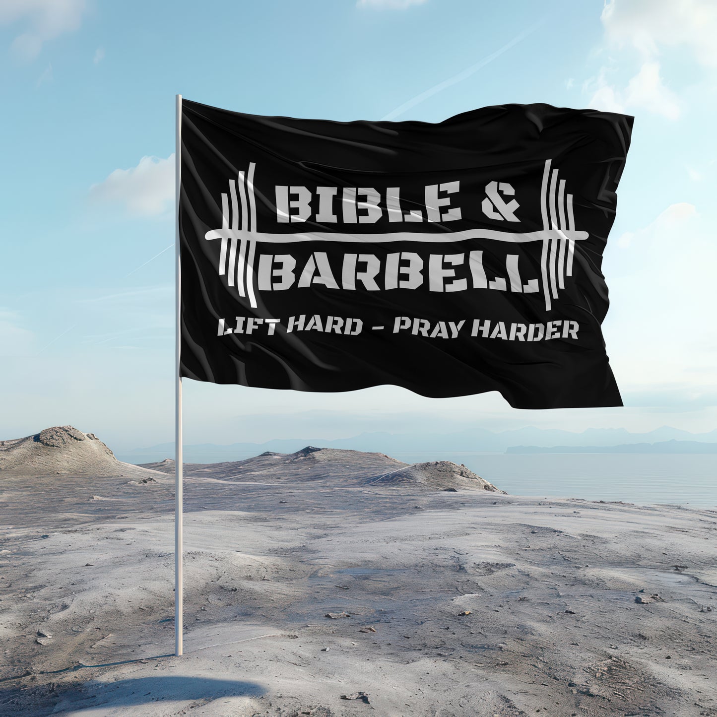 Bible & Barbell - Lift Hard, Pray Harder Black and White Gym Flag