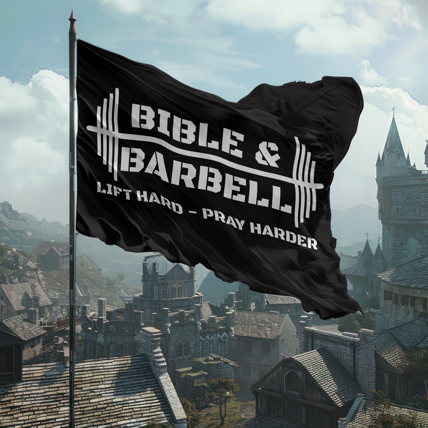 Bible & Barbell - Lift Hard, Pray Harder Black and White Gym Flag