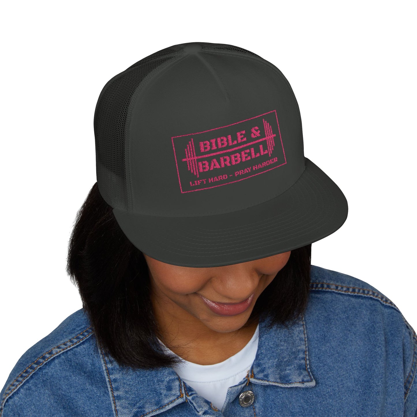 Bible & Barbell Pink Boxed Logo 5 Panel Trucker Cap