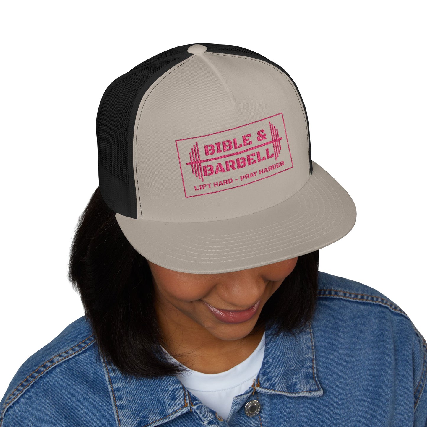 Bible & Barbell Pink Boxed Logo 5 Panel Trucker Cap