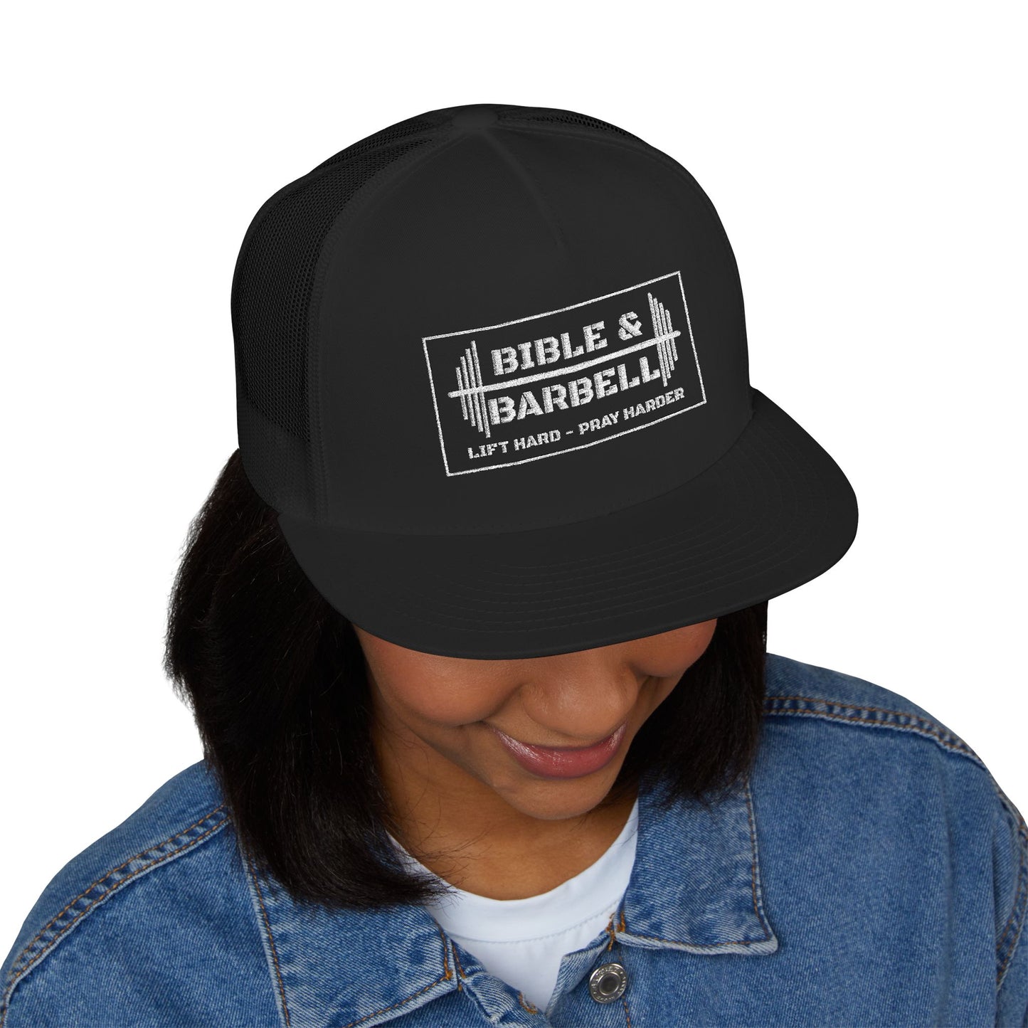 Bible & Barbell White Boxed Logo 5 Panel Trucker Cap