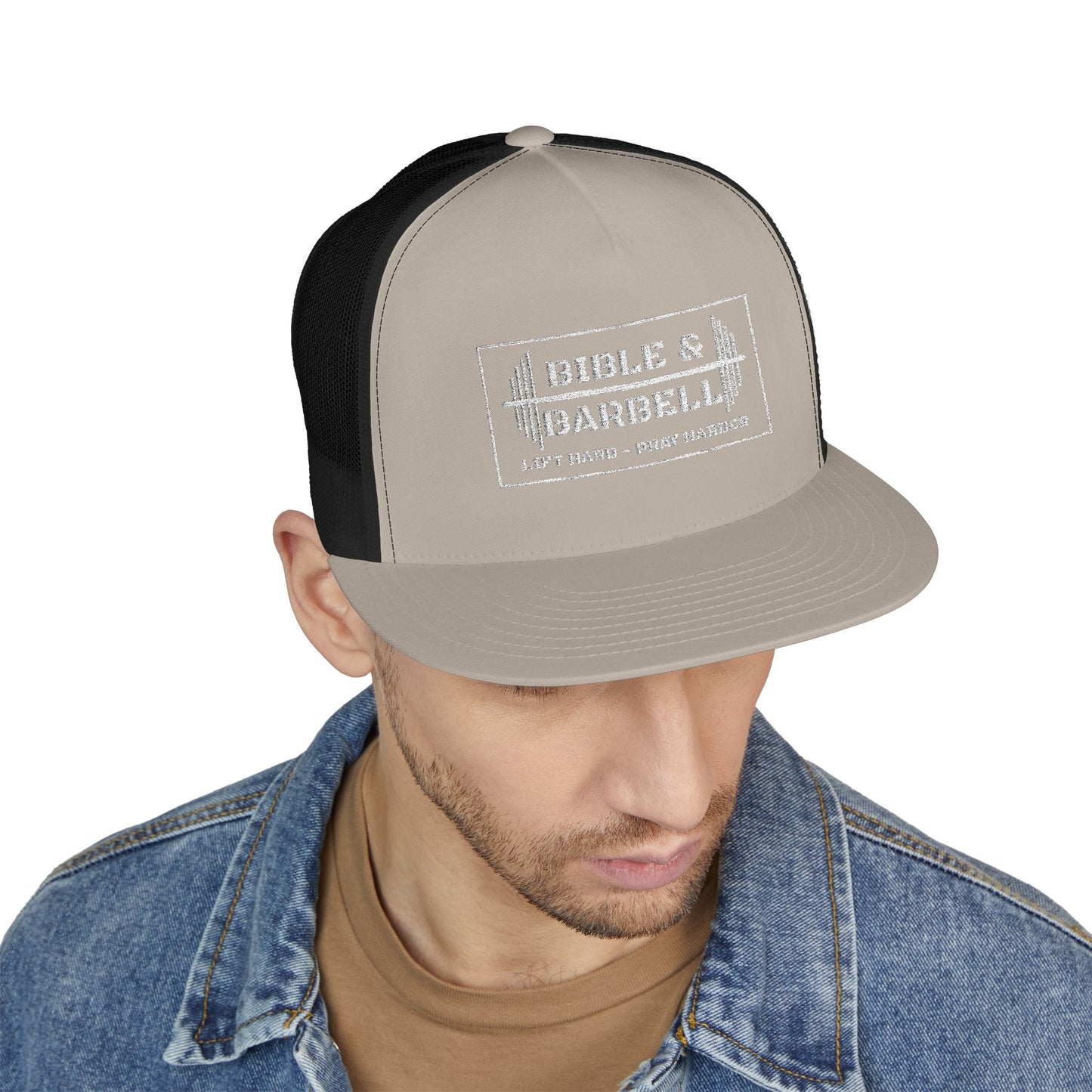 Bible & Barbell White Boxed Logo 5 Panel Trucker Cap