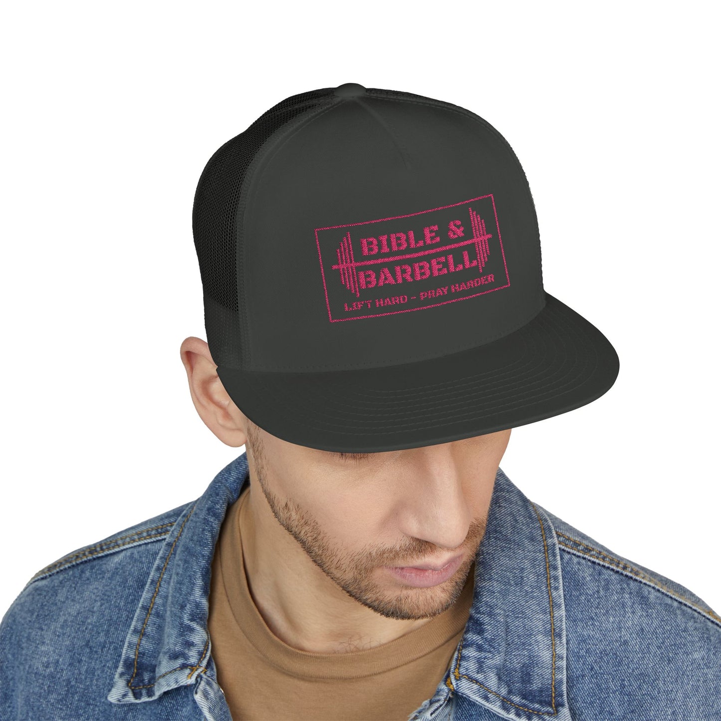 Bible & Barbell Pink Boxed Logo 5 Panel Trucker Cap