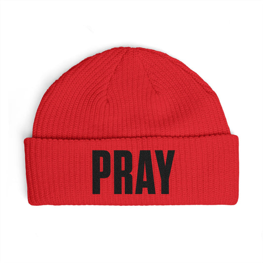 PRAY Cuff Beanie — Knit Prayer Beanie Hat (Embroidered Text)