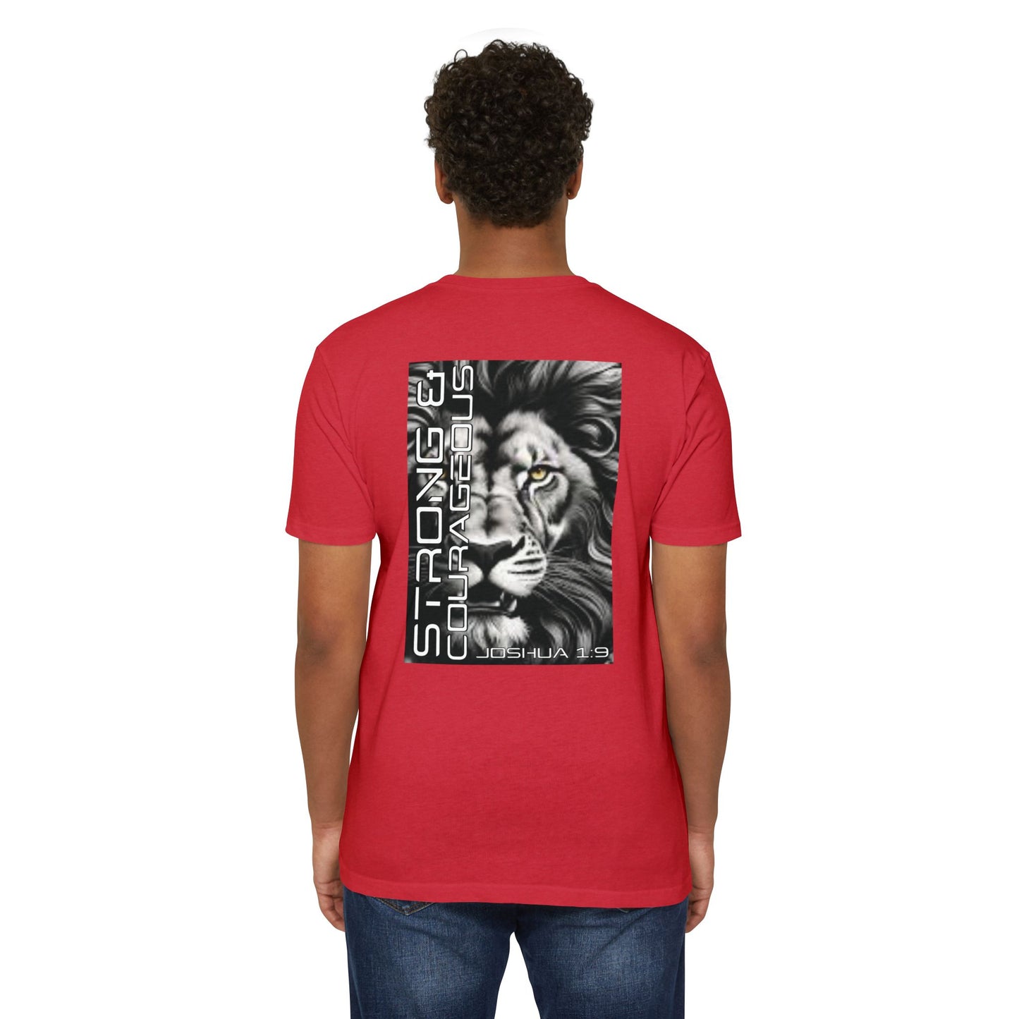 Strong & Courageous Lion Graphic T-Shirt, Joshua 1:9 Motivational Tee, Unisex Shirt, Strength Apparel, Gift for Him, Faith-Based Clothing