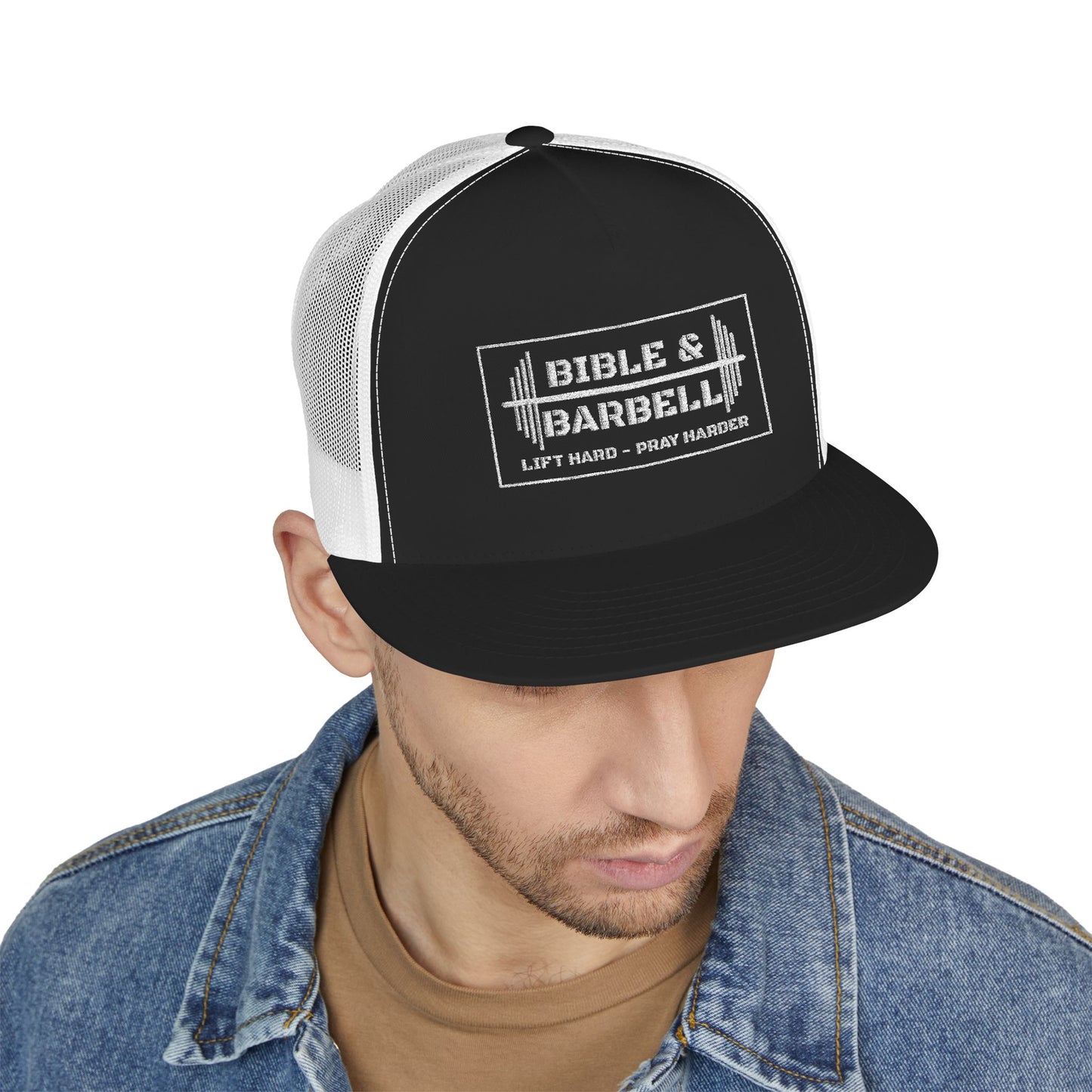 Bible & Barbell White Boxed Logo 5 Panel Trucker Cap