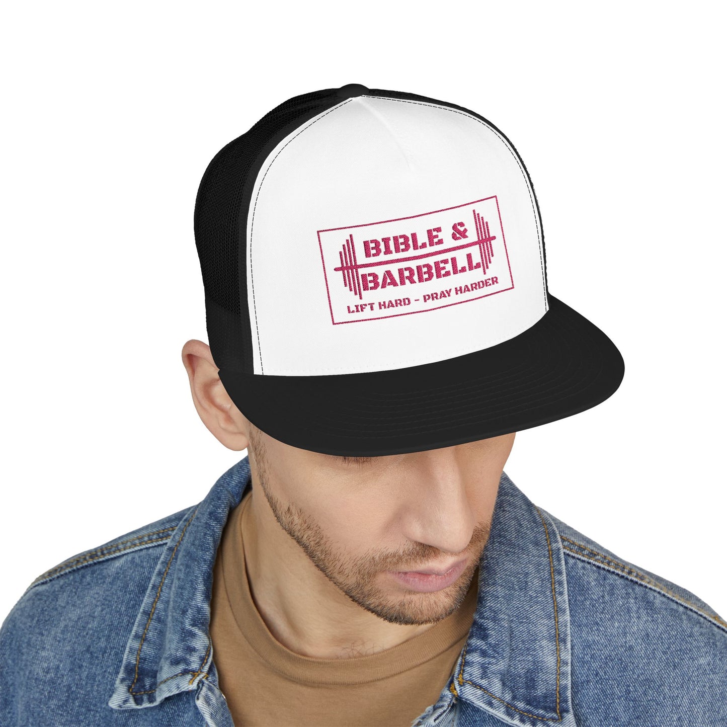 Bible & Barbell Pink Boxed Logo 5 Panel Trucker Cap