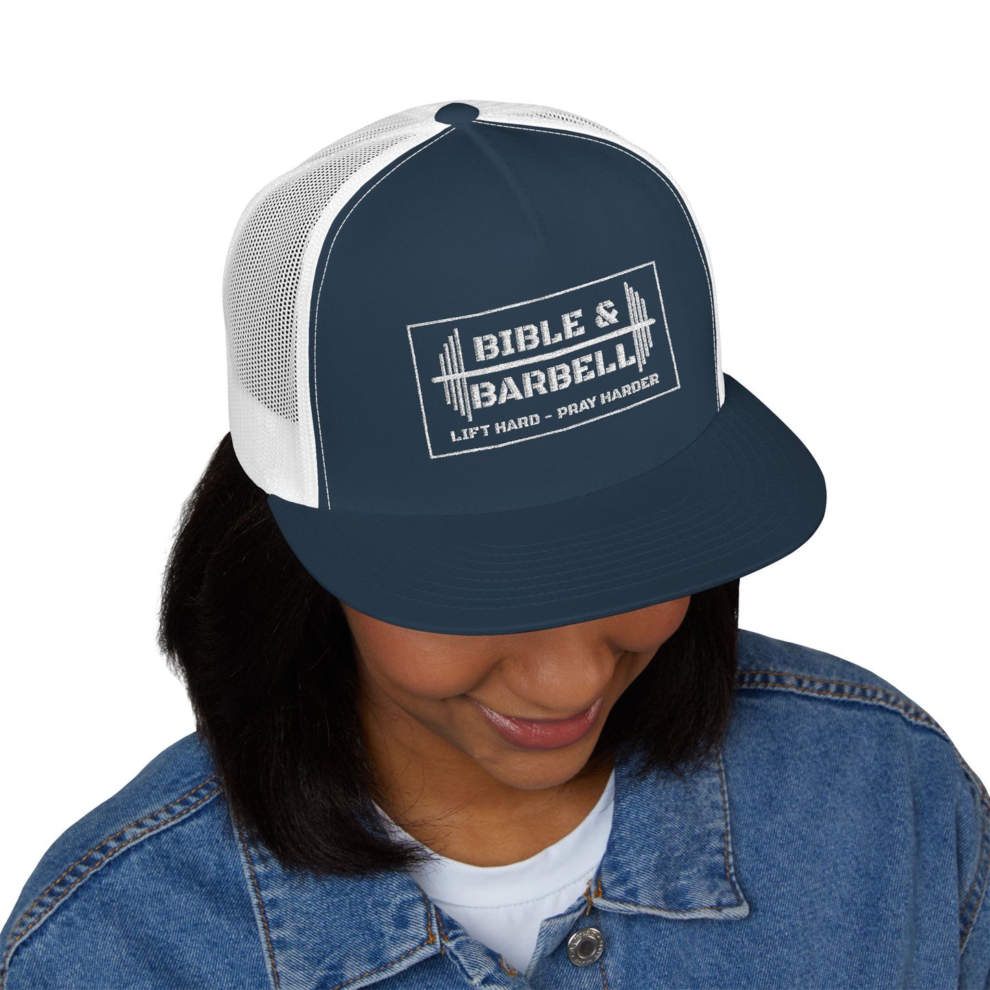 Bible & Barbell White Boxed Logo 5 Panel Trucker Cap