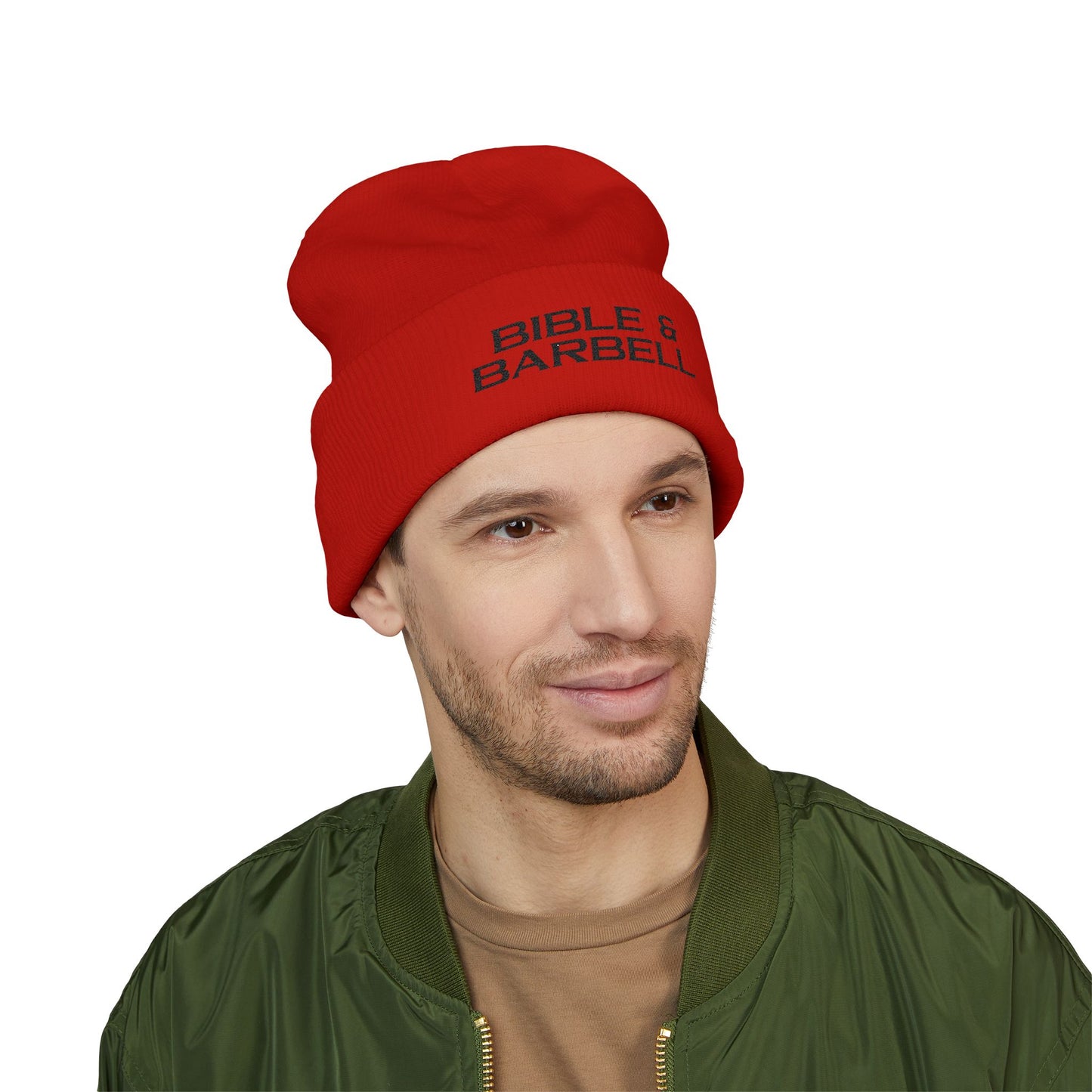 Bible & Barbell Cuffed Beanie — Embroidered Christian Fitness Knit Hat