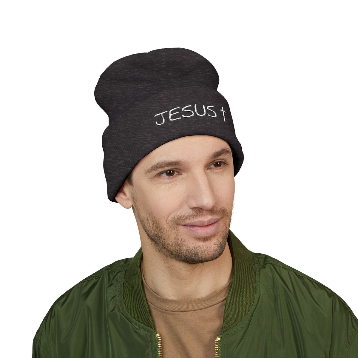Jesus Embroidered Cuffed Beanie – Christian Faith Knit Hat