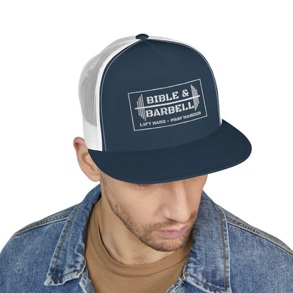 Bible & Barbell White Boxed Logo 5 Panel Trucker Cap