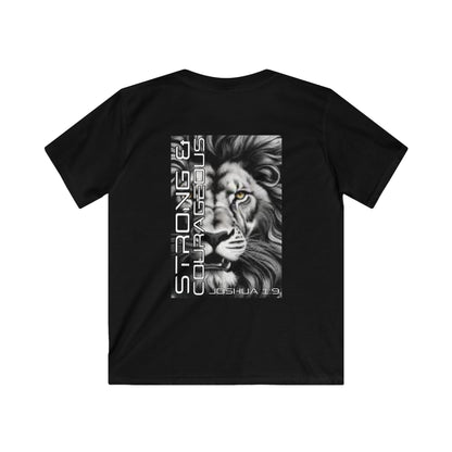 Kids Strong & Courageous Motivational Tee, Joshua 1:9, Kids Softstyle Shirt, Inspirational T-Shirt, Courageous Lion Design, Perfect for Gifts, Playtime & Affirmation