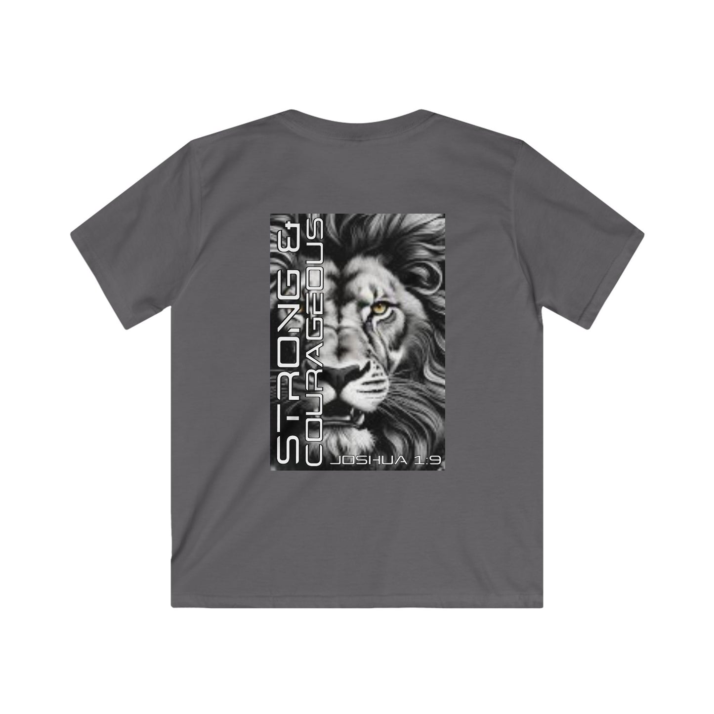 Kids Strong & Courageous Motivational Tee, Joshua 1:9, Kids Softstyle Shirt, Inspirational T-Shirt, Courageous Lion Design, Perfect for Gifts, Playtime & Affirmation