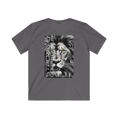 Kids Strong & Courageous Motivational Tee, Joshua 1:9, Kids Softstyle Shirt, Inspirational T-Shirt, Courageous Lion Design, Perfect for Gifts, Playtime & Affirmation