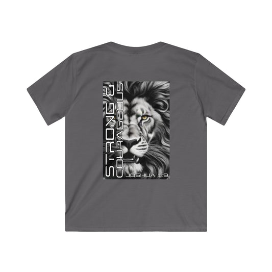 Kids Strong & Courageous Motivational Tee, Joshua 1:9, Kids Softstyle Shirt, Inspirational T-Shirt, Courageous Lion Design, Perfect for Gifts, Playtime & Affirmation