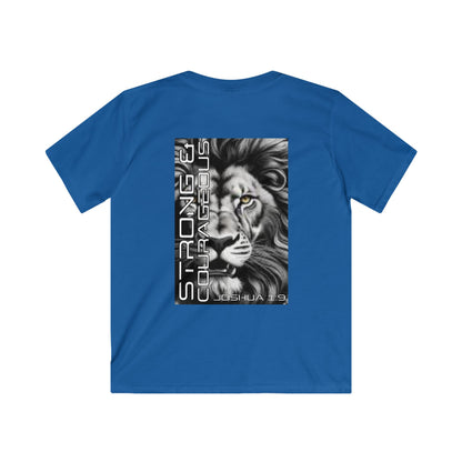 Kids Strong & Courageous Motivational Tee, Joshua 1:9, Kids Softstyle Shirt, Inspirational T-Shirt, Courageous Lion Design, Perfect for Gifts, Playtime & Affirmation