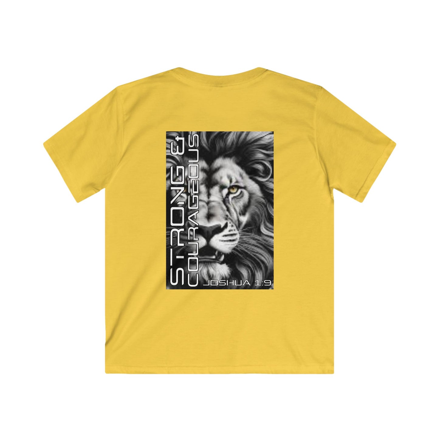 Kids Strong & Courageous Motivational Tee, Joshua 1:9, Kids Softstyle Shirt, Inspirational T-Shirt, Courageous Lion Design, Perfect for Gifts, Playtime & Affirmation