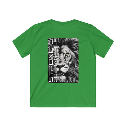 Kids Strong & Courageous Motivational Tee, Joshua 1:9, Kids Softstyle Shirt, Inspirational T-Shirt, Courageous Lion Design, Perfect for Gifts, Playtime & Affirmation