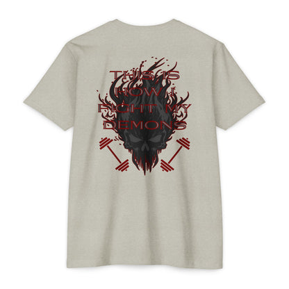 Bible & Barbell T-Shirt — 'This Is How I Fight My Demons' Fitness Faith Tee