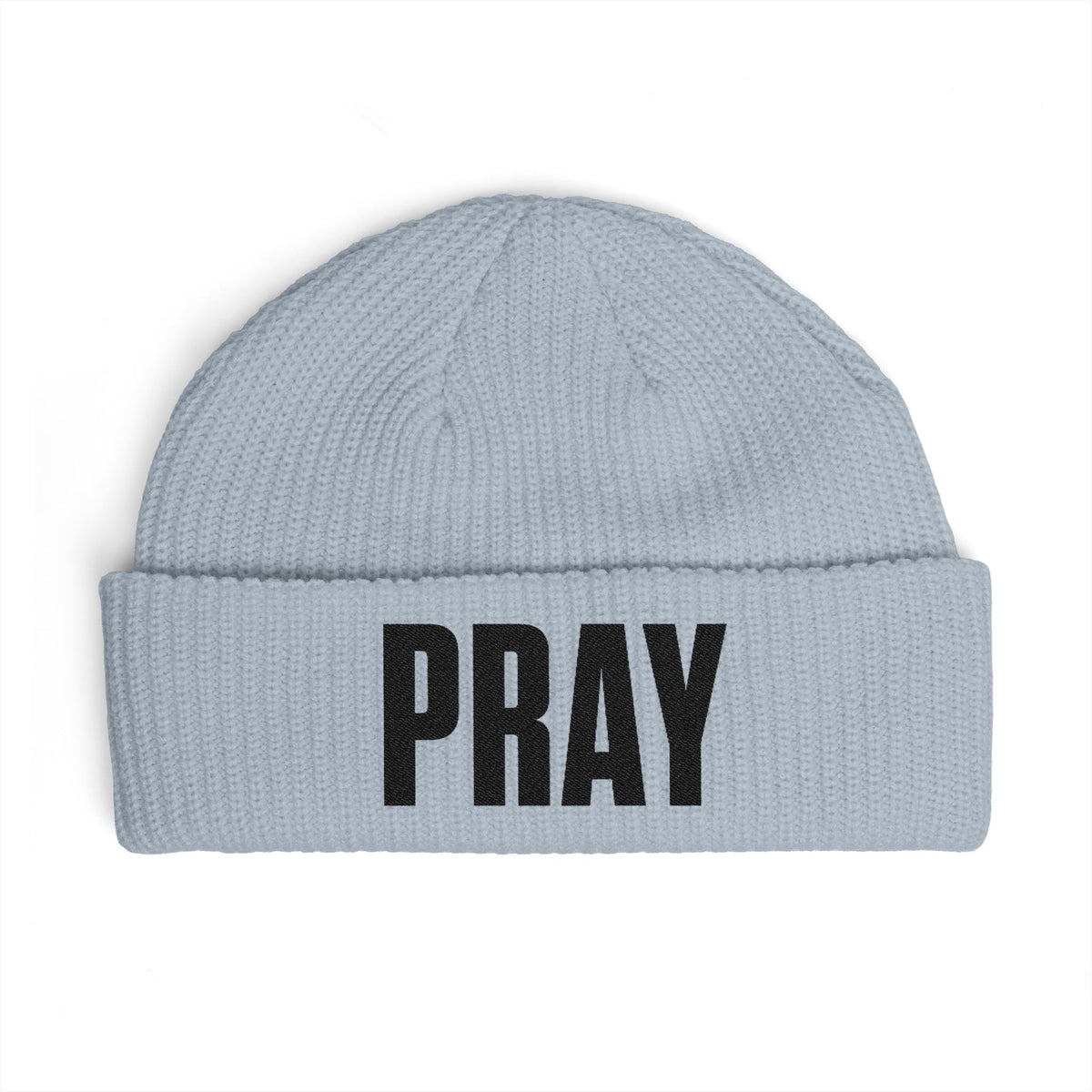 PRAY Cuff Beanie — Knit Prayer Beanie Hat (Embroidered Text)