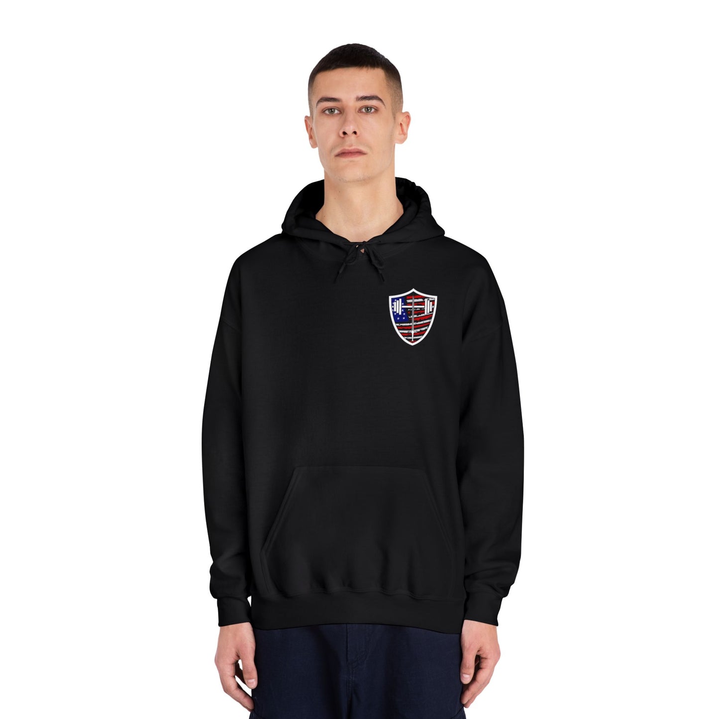 Faith Fitness & Freedom Hooded Sweatshirt — American Shield Flame Graphic