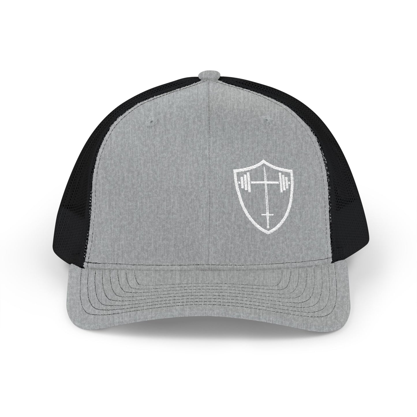 Bible & Barbell Shield & Cross Logo Trucker Cap — Christian Faith Snapback Hat