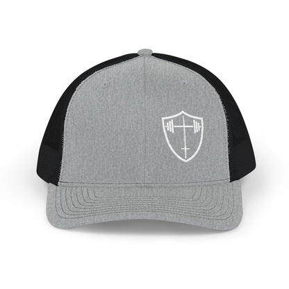 Bible & Barbell Shield & Cross Logo Trucker Cap — Christian Faith Snapback Hat