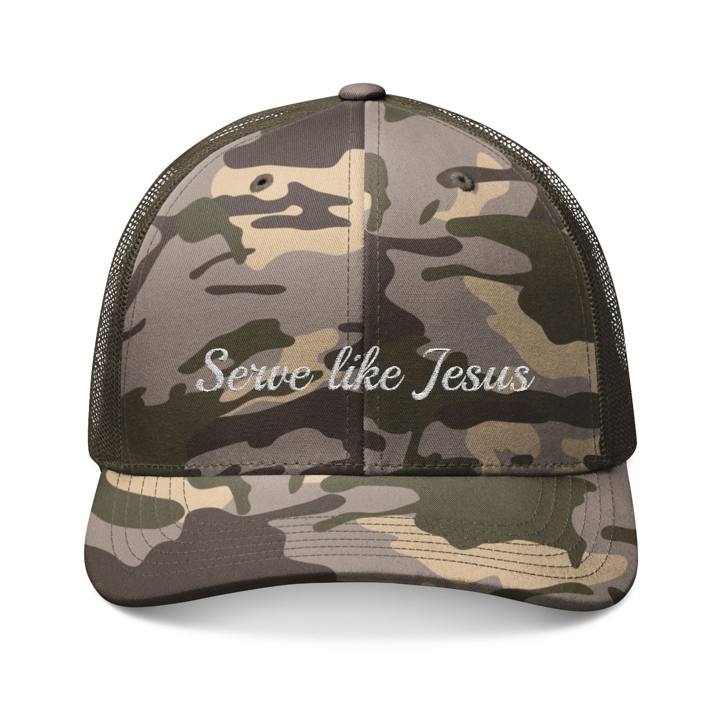 Camouflage Trucker Hat — "Serve like Jesus" Embroidered Christian Cap