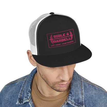 Bible & Barbell Pink Boxed Logo 5 Panel Trucker Cap