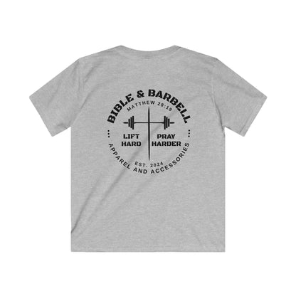 Kids Fitness Tee, Inspirational T-Shirt, Gym Kids Apparel, Motivational Youth Shirt, Great for Active Kids, Bible and Barbell Shirt