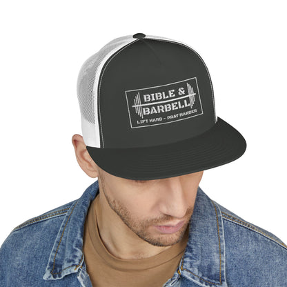 Bible & Barbell White Boxed Logo 5 Panel Trucker Cap