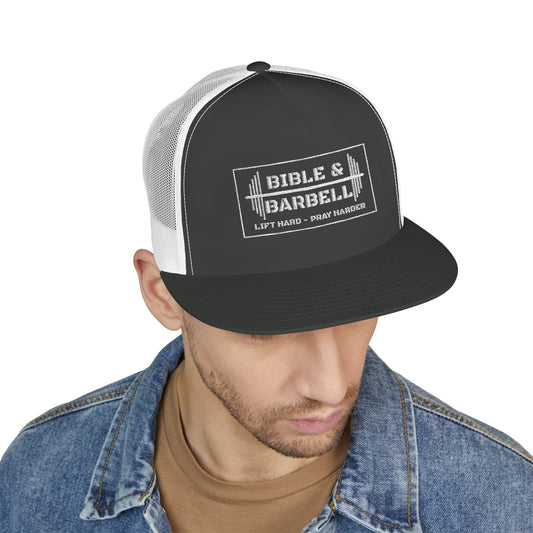 Bible & Barbell White Boxed Logo 5 Panel Trucker Cap