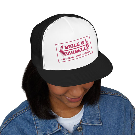 Bible & Barbell Pink Boxed Logo 5 Panel Trucker Cap